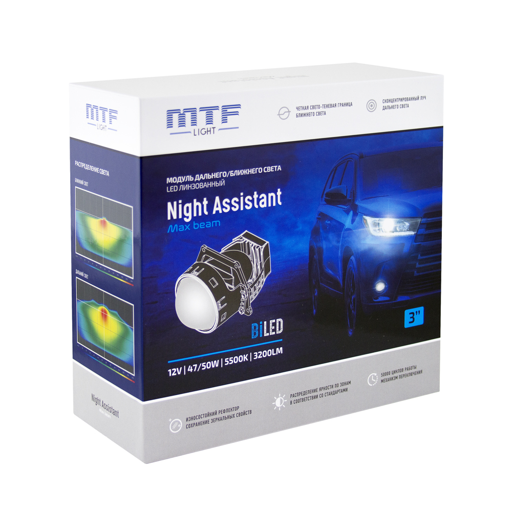 Модули MTF Light линзованные Bi-LED серия NIGHT ASSISTANT MaxBeam, 12В, 47Вт, 5500К, 3
